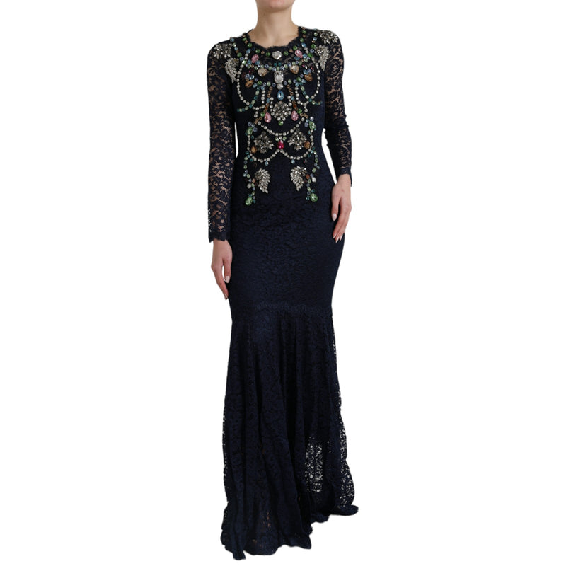 Robe longue en dentelle à motifs floraux et cristaux bleus de Dolce &amp; Gabbana
