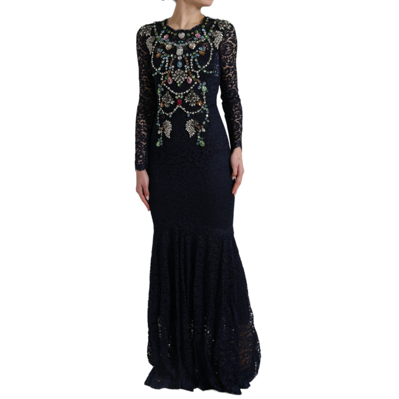 Robe longue en dentelle à motifs floraux et cristaux bleus de Dolce &amp; Gabbana