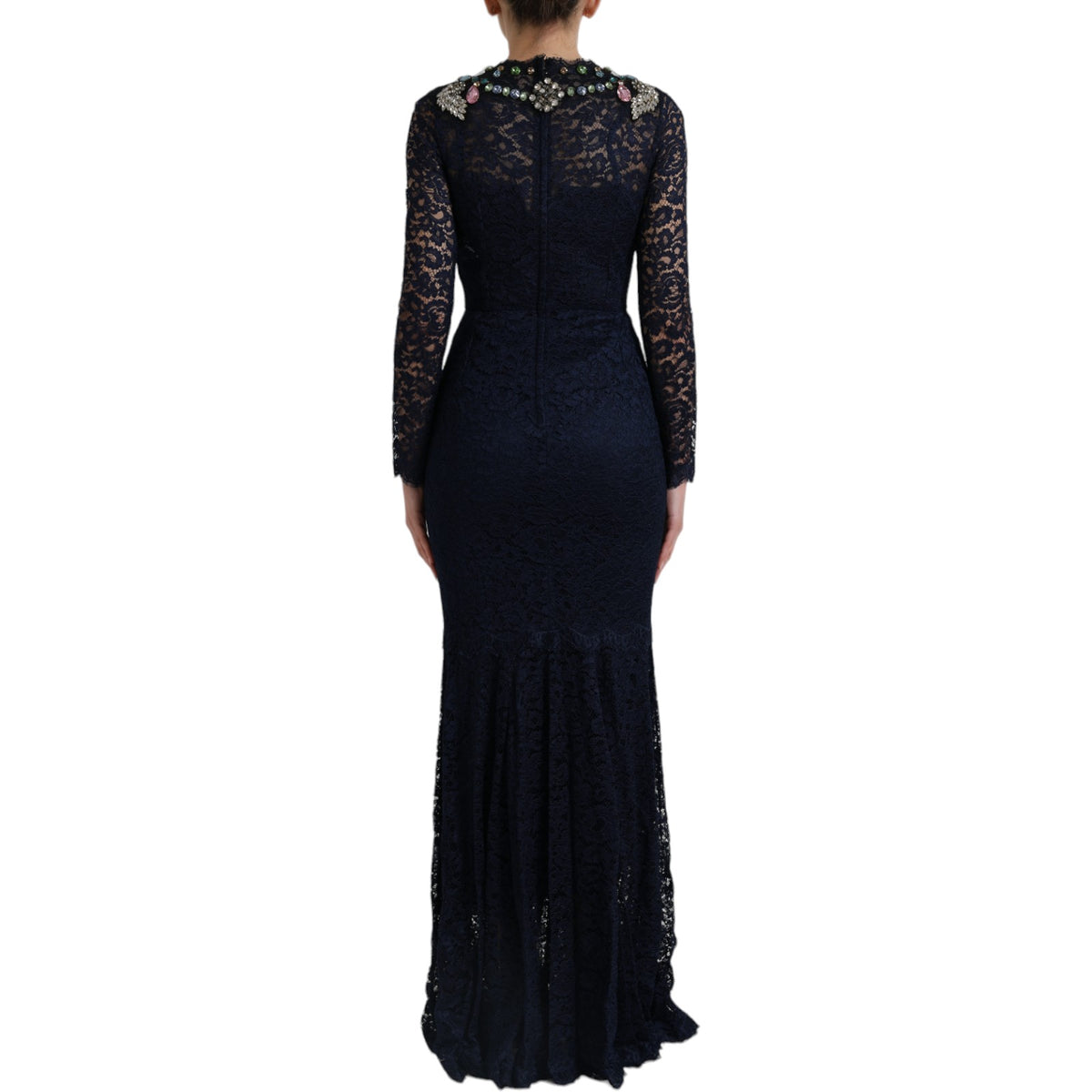 Robe longue en dentelle à motifs floraux et cristaux bleus de Dolce &amp; Gabbana