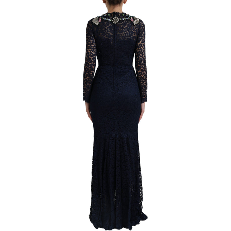 Robe longue en dentelle à motifs floraux et cristaux bleus de Dolce &amp; Gabbana
