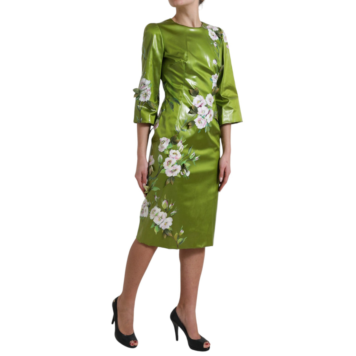 Robe midi portefeuille à motifs floraux et ornements verts de Dolce &amp; Gabbana