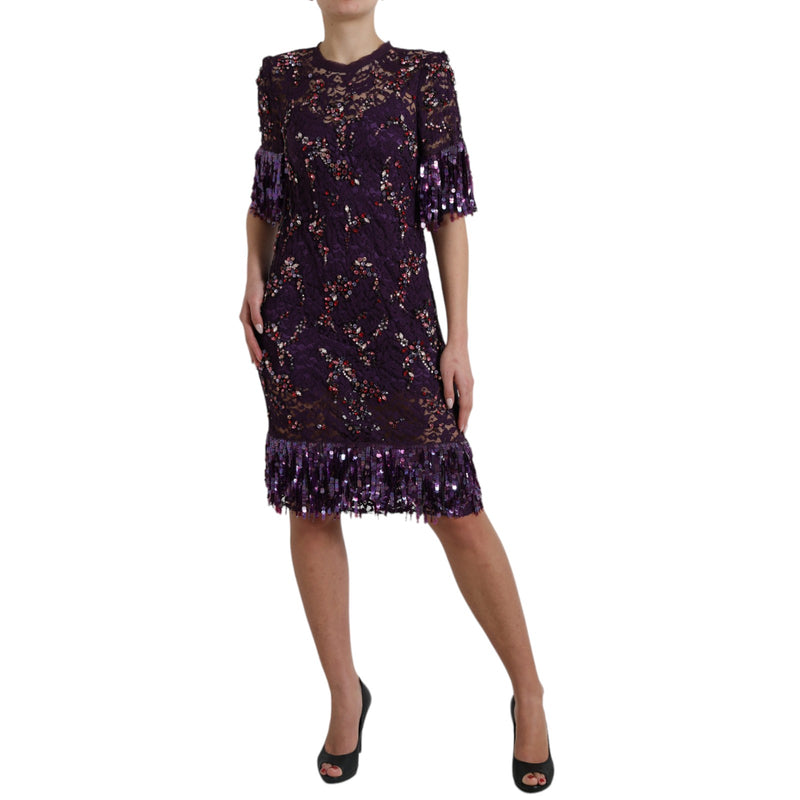 Robe en dentelle violette à motifs floraux, incrustée de cristaux, Dolce &amp; Gabbana