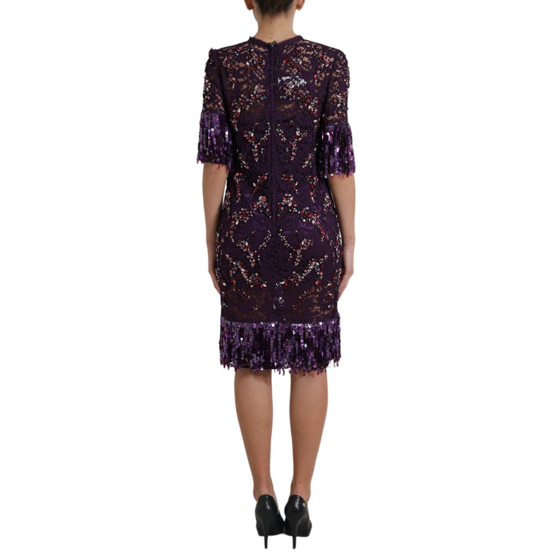 Robe en dentelle violette à motifs floraux, incrustée de cristaux, Dolce &amp; Gabbana