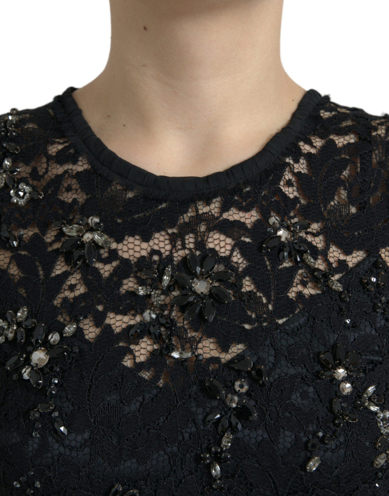 Robe fourreau en dentelle de cristal brodée de fleurs noires de Dolce &amp; Gabbana