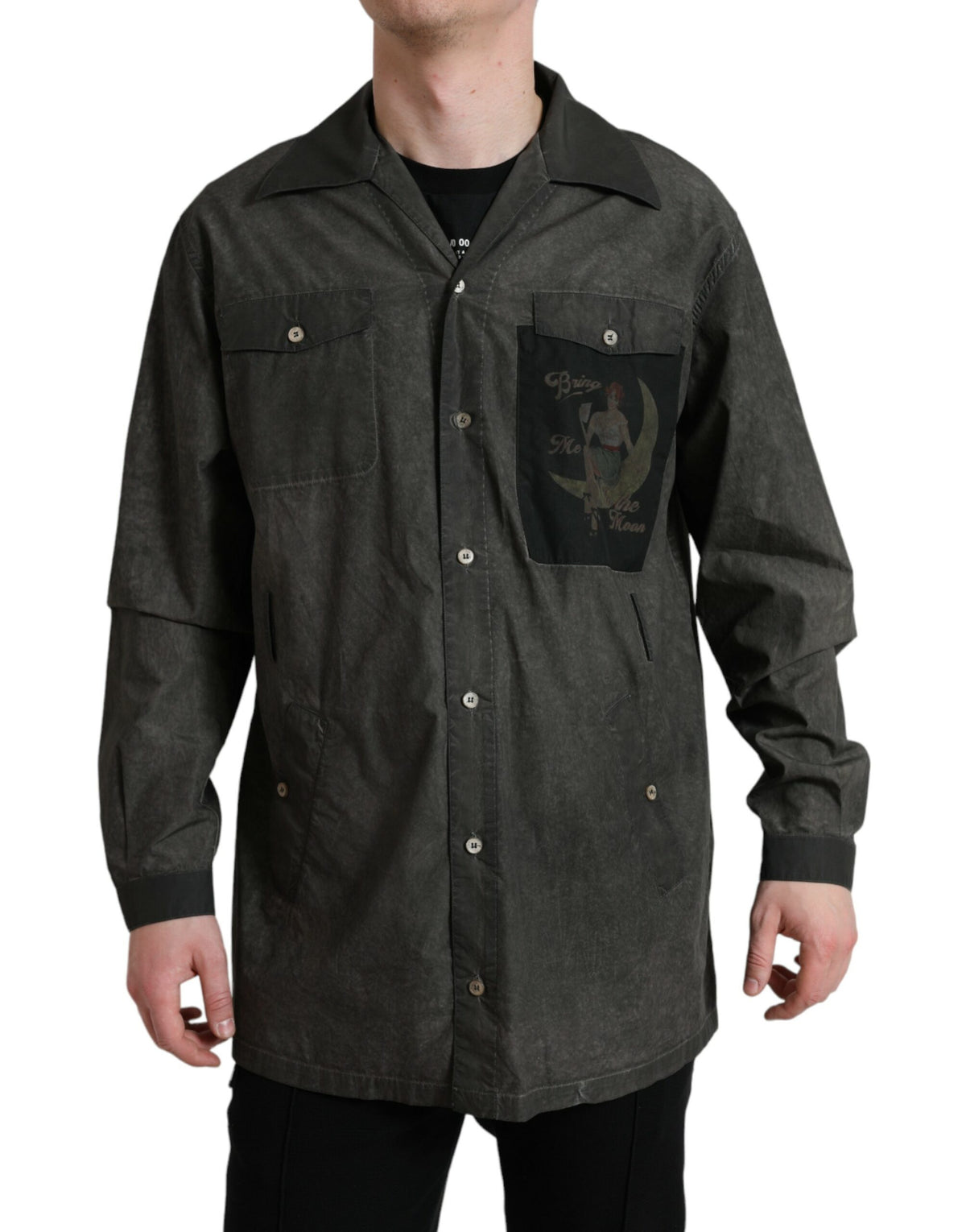 Chemise à manches longues en coton à col et boutons, gris foncé, Dolce &amp; Gabbana