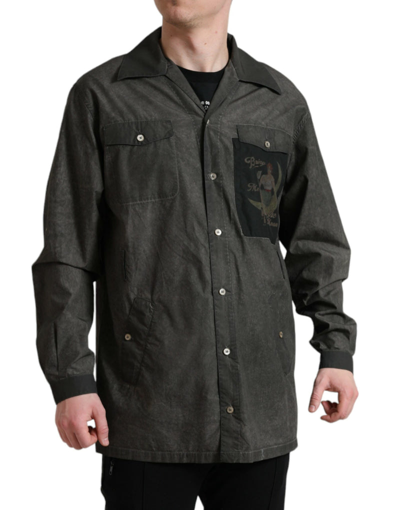 Chemise à manches longues en coton à col et boutons, gris foncé, Dolce &amp; Gabbana