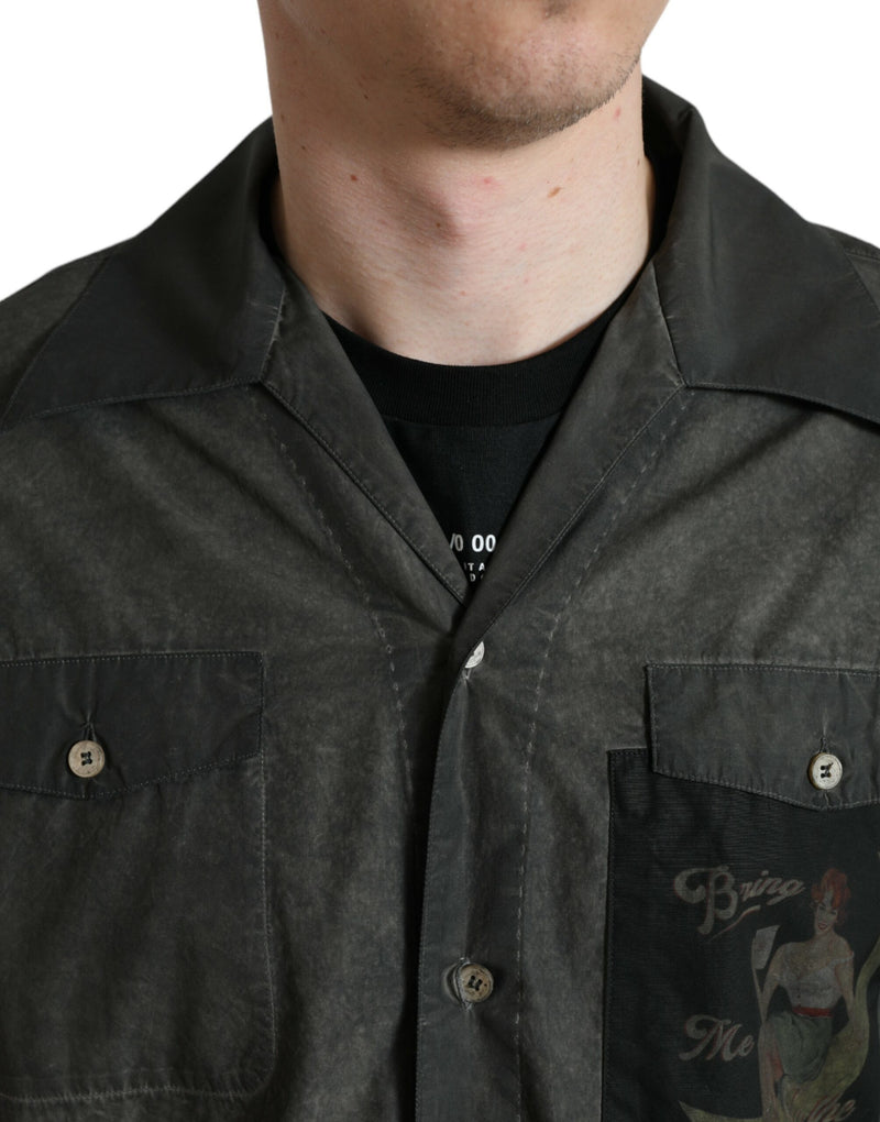 Chemise à manches longues en coton à col et boutons, gris foncé, Dolce &amp; Gabbana