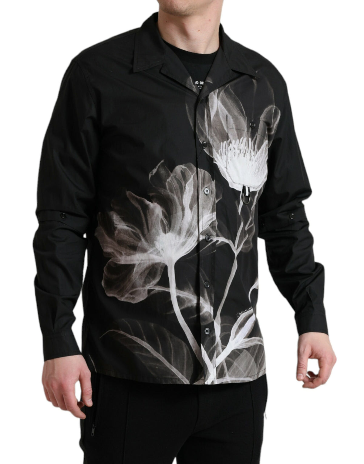 Chemise homme à manches longues en coton à col et motifs floraux noirs de Dolce &amp; Gabbana