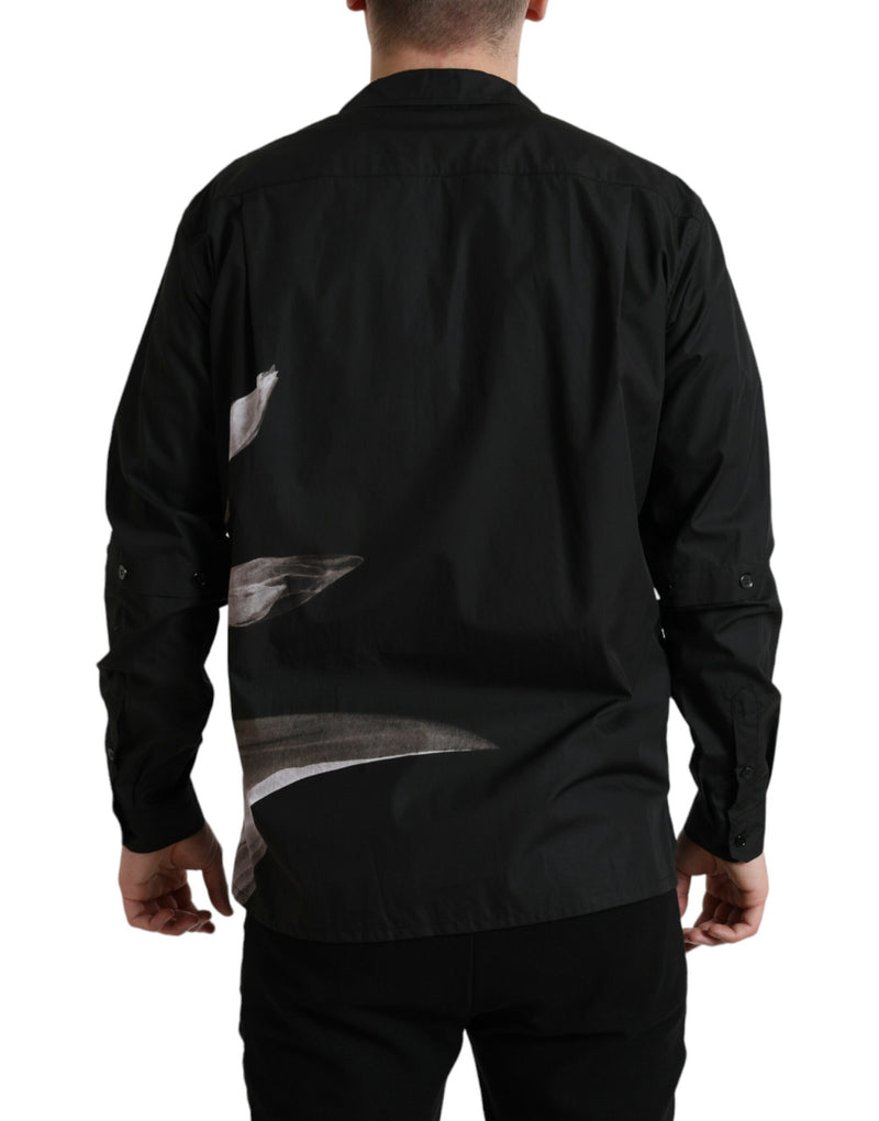 Chemise homme à manches longues en coton à col et motifs floraux noirs de Dolce &amp; Gabbana
