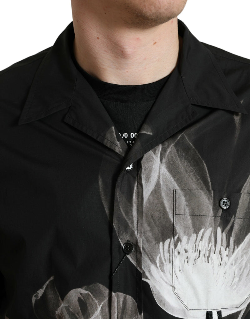 Chemise homme à manches longues en coton à col et motifs floraux noirs de Dolce &amp; Gabbana