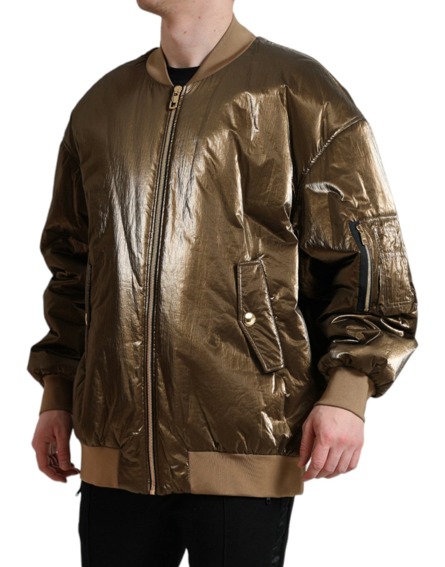 Bomber Jacket Homme en Nylon Bronze à Fermeture Éclair de Dolce & Gabbana