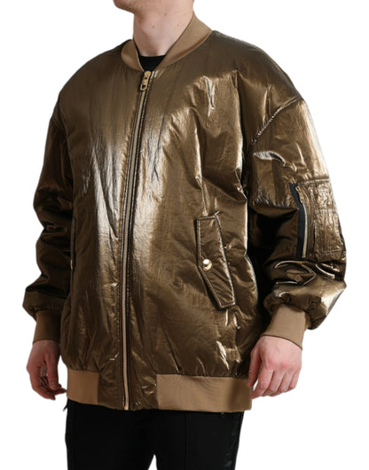 Bomber Jacket Homme en Nylon Bronze à Fermeture Éclair de Dolce & Gabbana