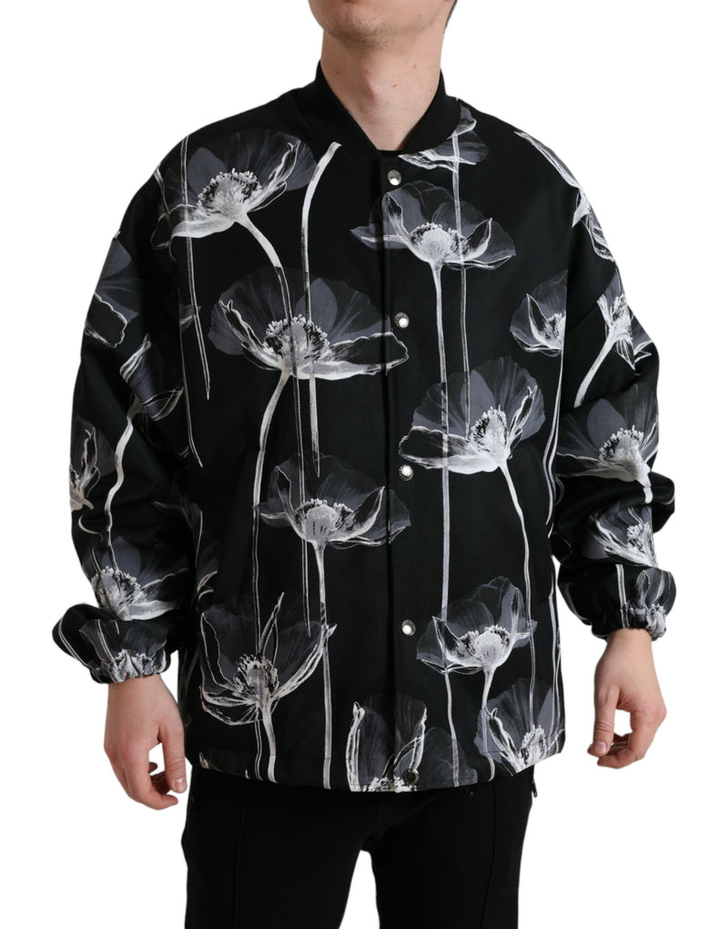 Dolce & Gabbana zwarte wollen bomberjas met bloemenprint en knoopsluiting