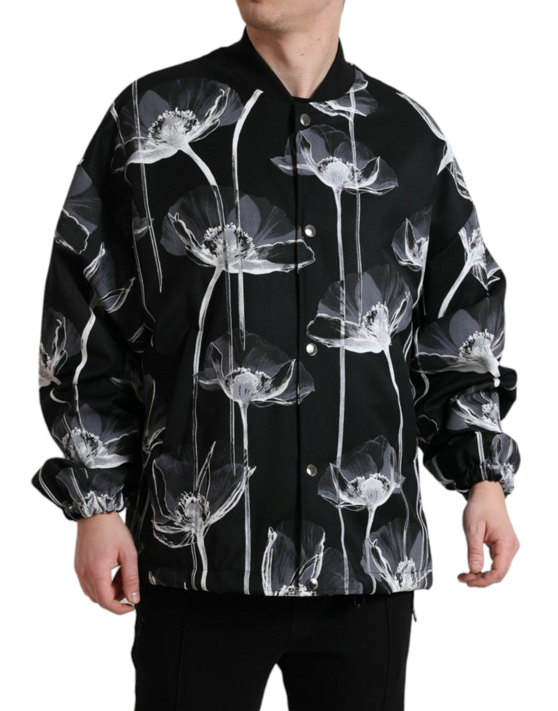 Dolce & Gabbana zwarte wollen bomberjas met bloemenprint en knoopsluiting
