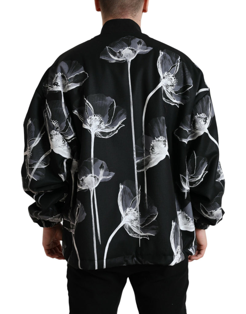 Dolce & Gabbana zwarte wollen bomberjas met bloemenprint en knoopsluiting