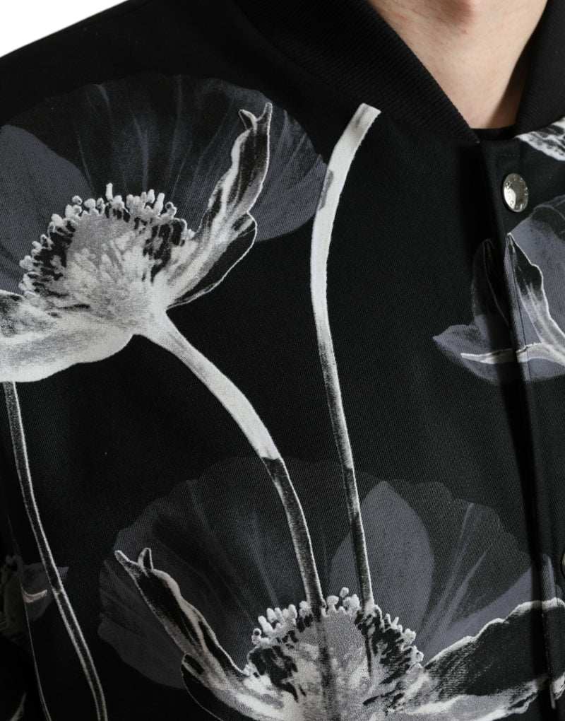 Dolce & Gabbana zwarte wollen bomberjas met bloemenprint en knoopsluiting