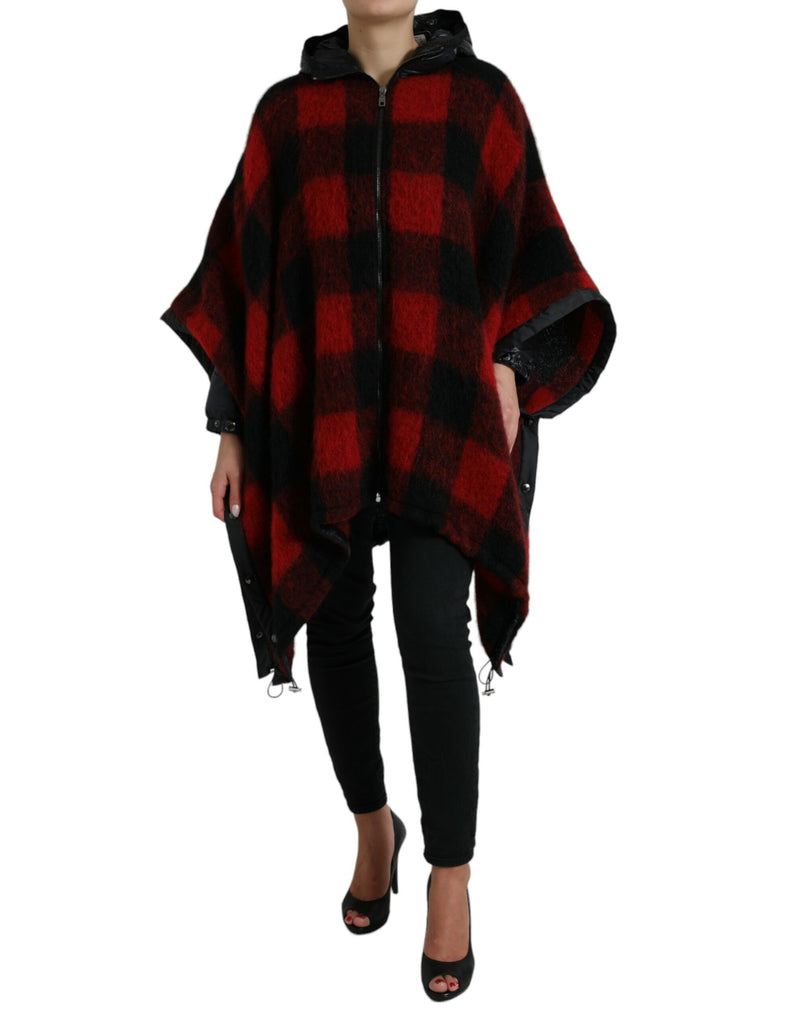 Dolce & Gabbana Veste Poncho à Capuche à Carreaux Noir et Rouge