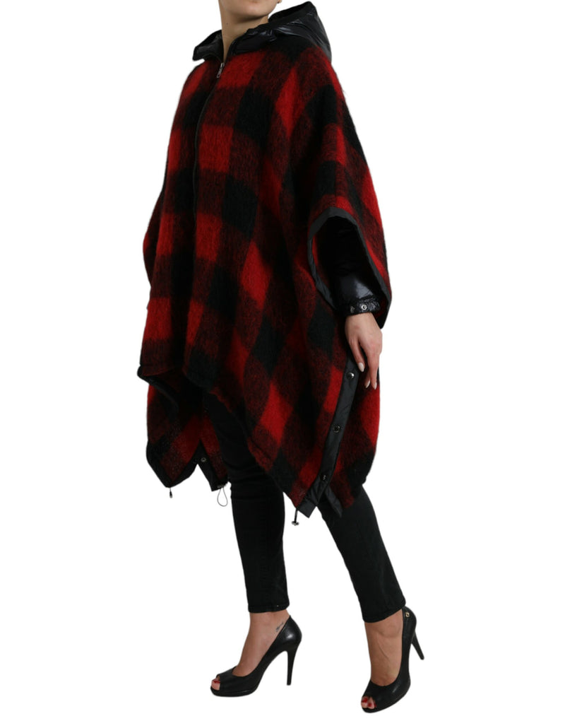Dolce & Gabbana Veste Poncho à Capuche à Carreaux Noir et Rouge