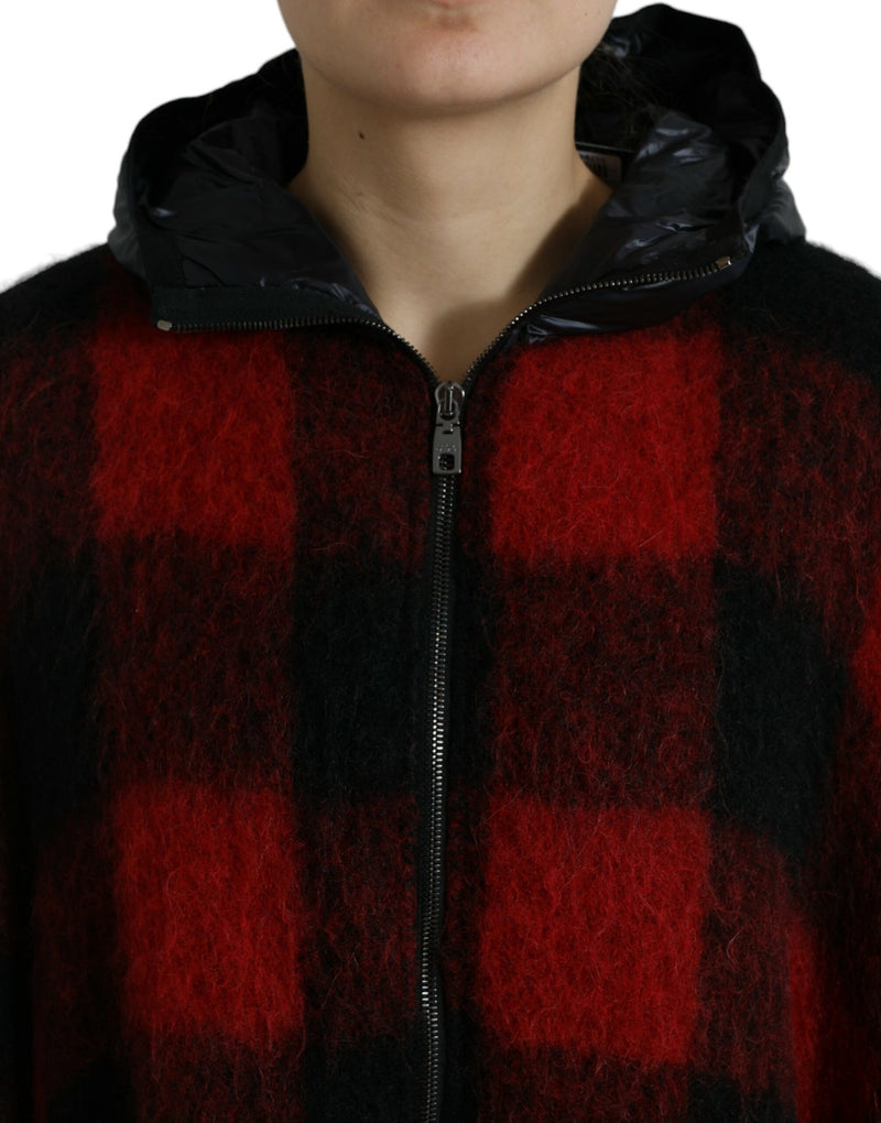 Dolce & Gabbana Veste Poncho à Capuche à Carreaux Noir et Rouge