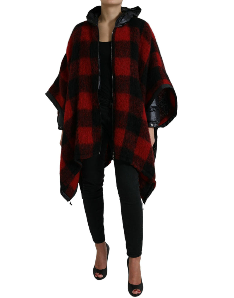 Dolce & Gabbana Veste Poncho à Capuche à Carreaux Noir et Rouge