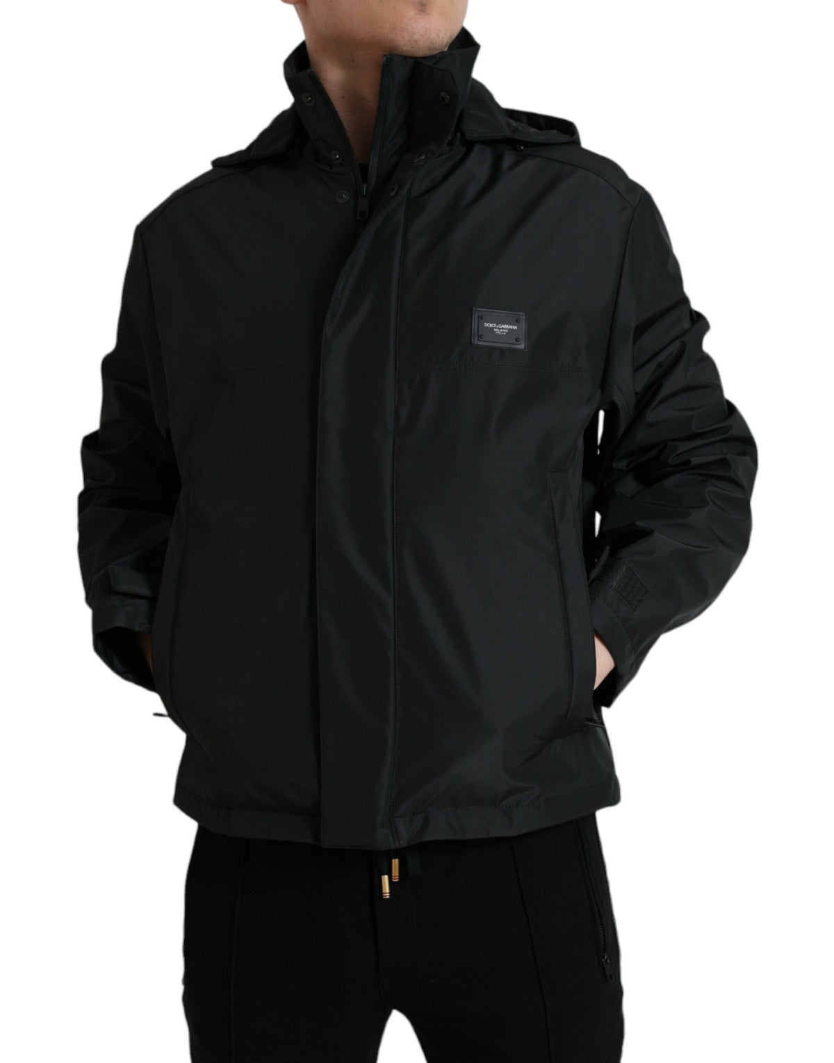 Veste à capuche en polyester noir avec plaque logo Dolce & Gabbana