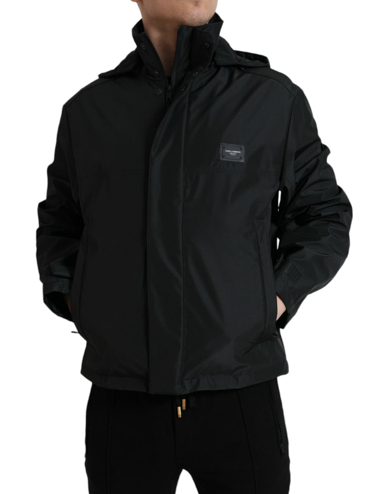 Dolce & Gabbana zwarte polyester jas met logo-plaatje en capuchon