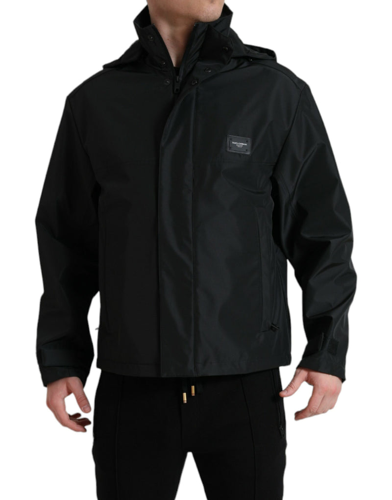 Dolce & Gabbana zwarte polyester jas met logo-plaatje en capuchon