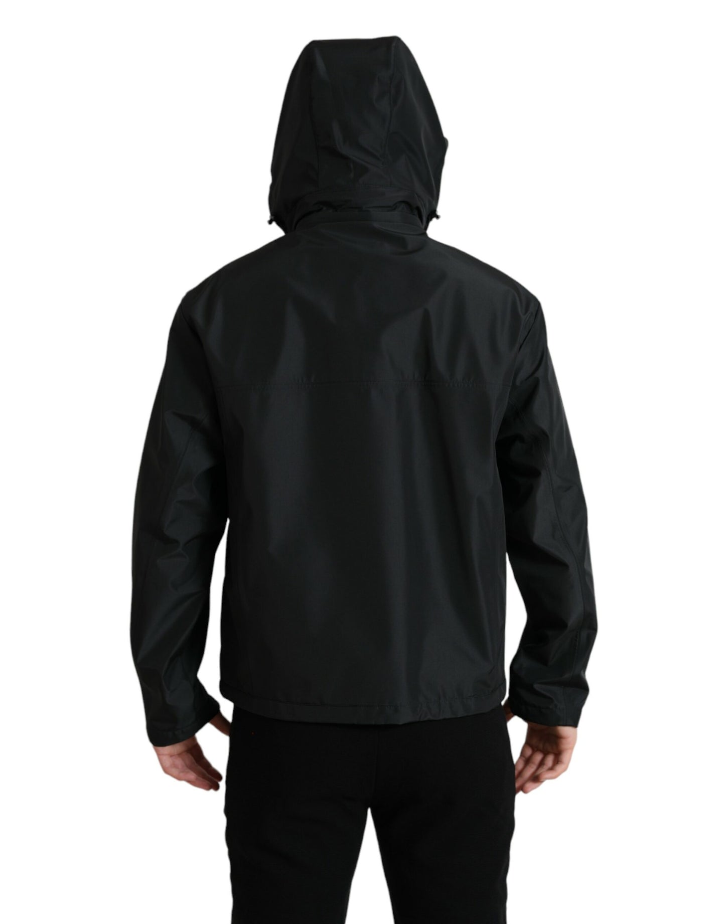 Dolce & Gabbana zwarte polyester jas met logo-plaatje en capuchon