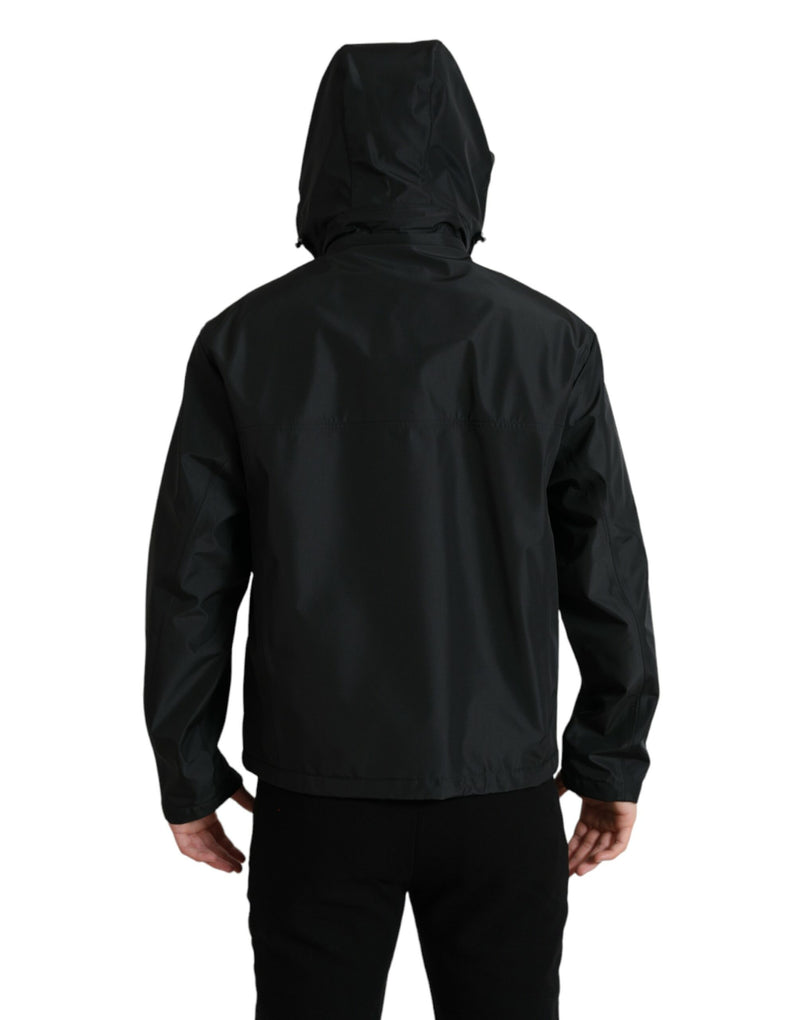 Dolce & Gabbana zwarte polyester jas met logo-plaatje en capuchon