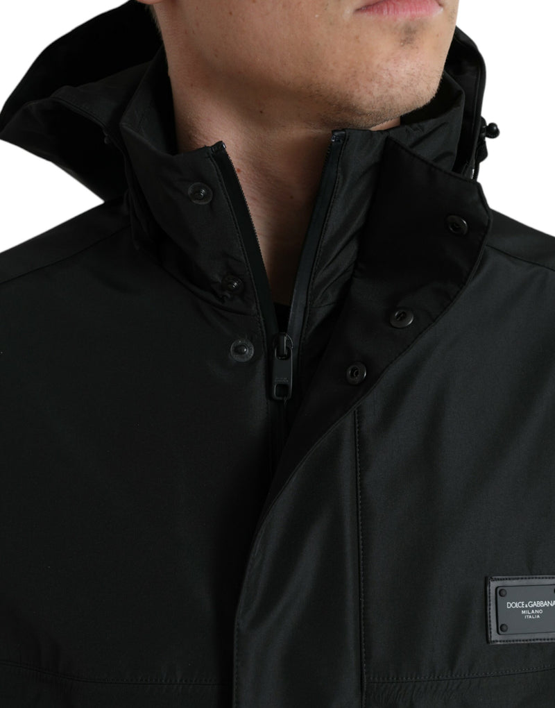 Dolce & Gabbana zwarte polyester jas met logo-plaatje en capuchon