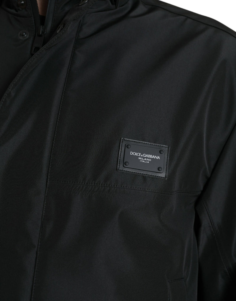 Dolce & Gabbana zwarte polyester jas met logo-plaatje en capuchon