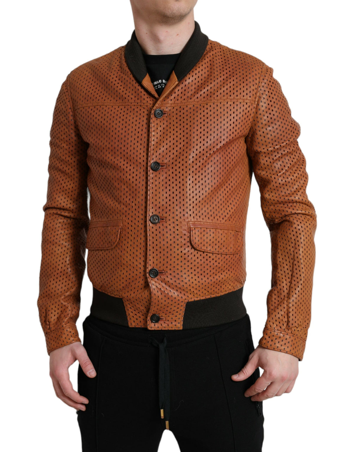 Veste en cuir d'agneau perforé marron de Dolce & Gabbana