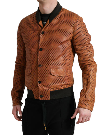 Veste en cuir d'agneau perforé marron de Dolce & Gabbana