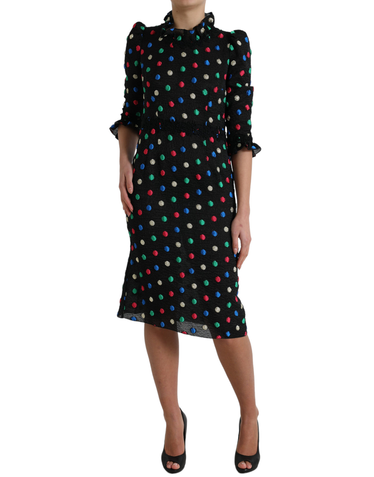 Robe Midi à Pois Noir à Volants Dolce & Gabbana