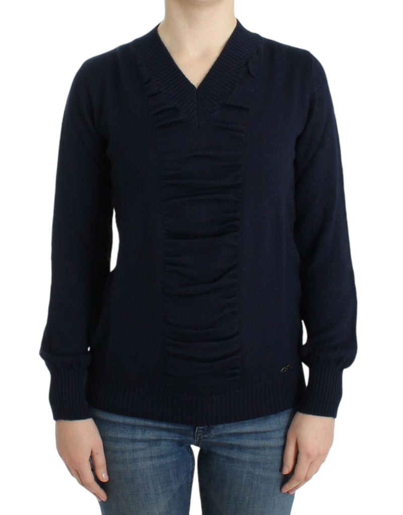 Costume National Pull en laine bleu foncé à col en V