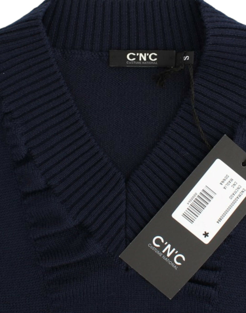 Costume National Pull en laine bleu foncé à col en V
