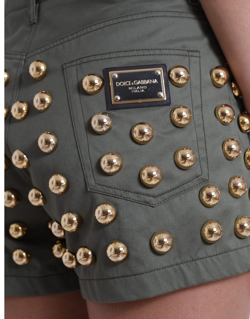 Dolce & Gabbana Green Embellished Cotton High Waist Hot Pants