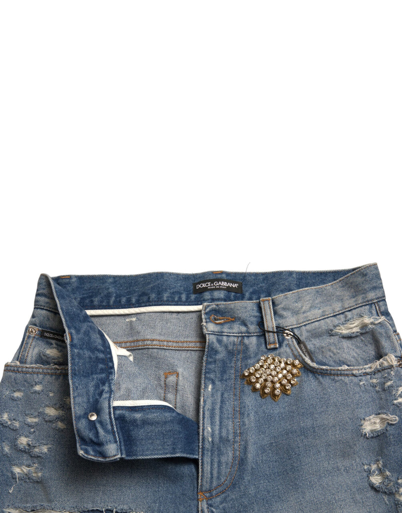 Dolce & Gabbana Bermuda Shorts en Denim Bleu Tissé et Embelli