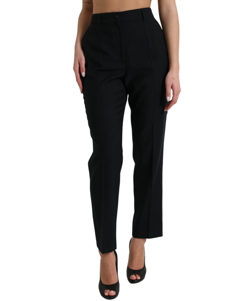 Dolce & Gabbana Pantalons Droits Taille Haute en Laine Noirs
