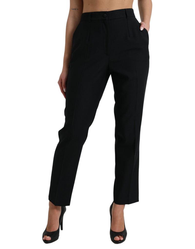 Dolce & Gabbana Pantalons Droits Taille Haute en Laine Noirs
