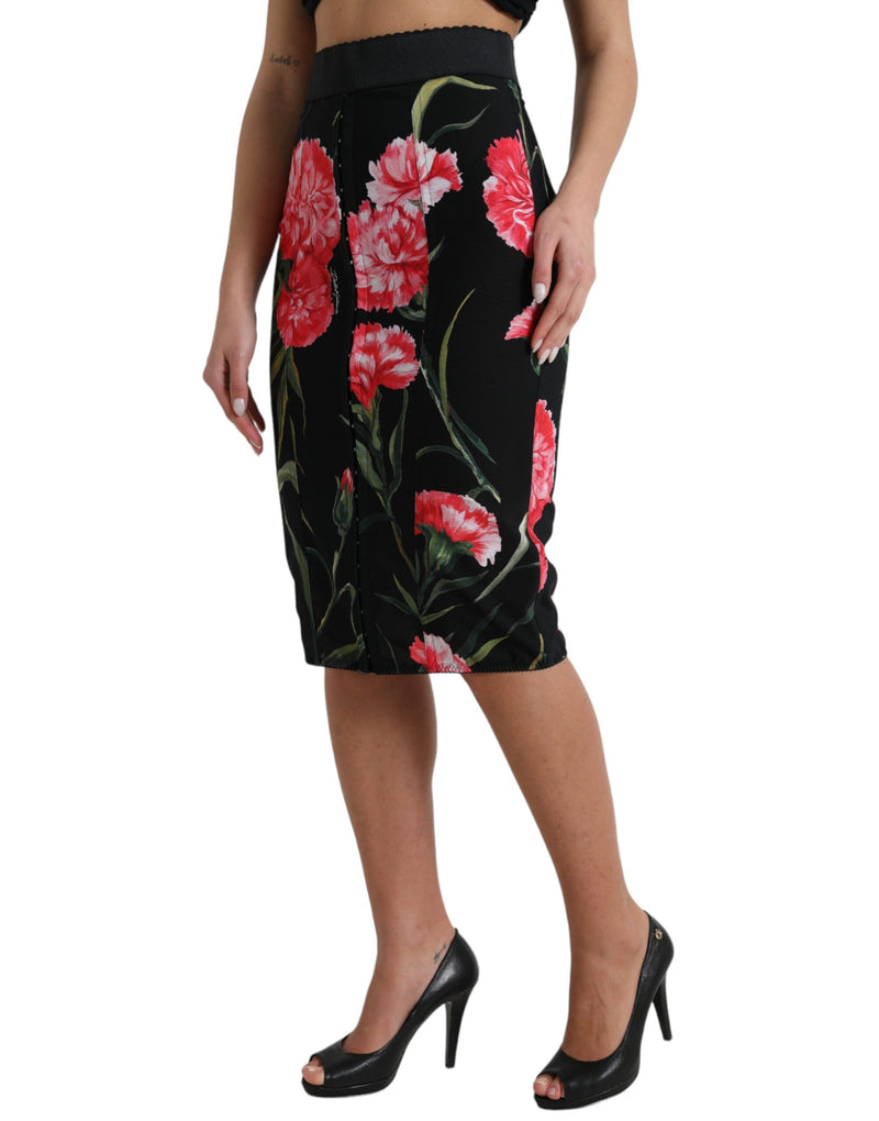 Dolce & Gabbana Jupe Crayon Noire à Fleurs Carnation