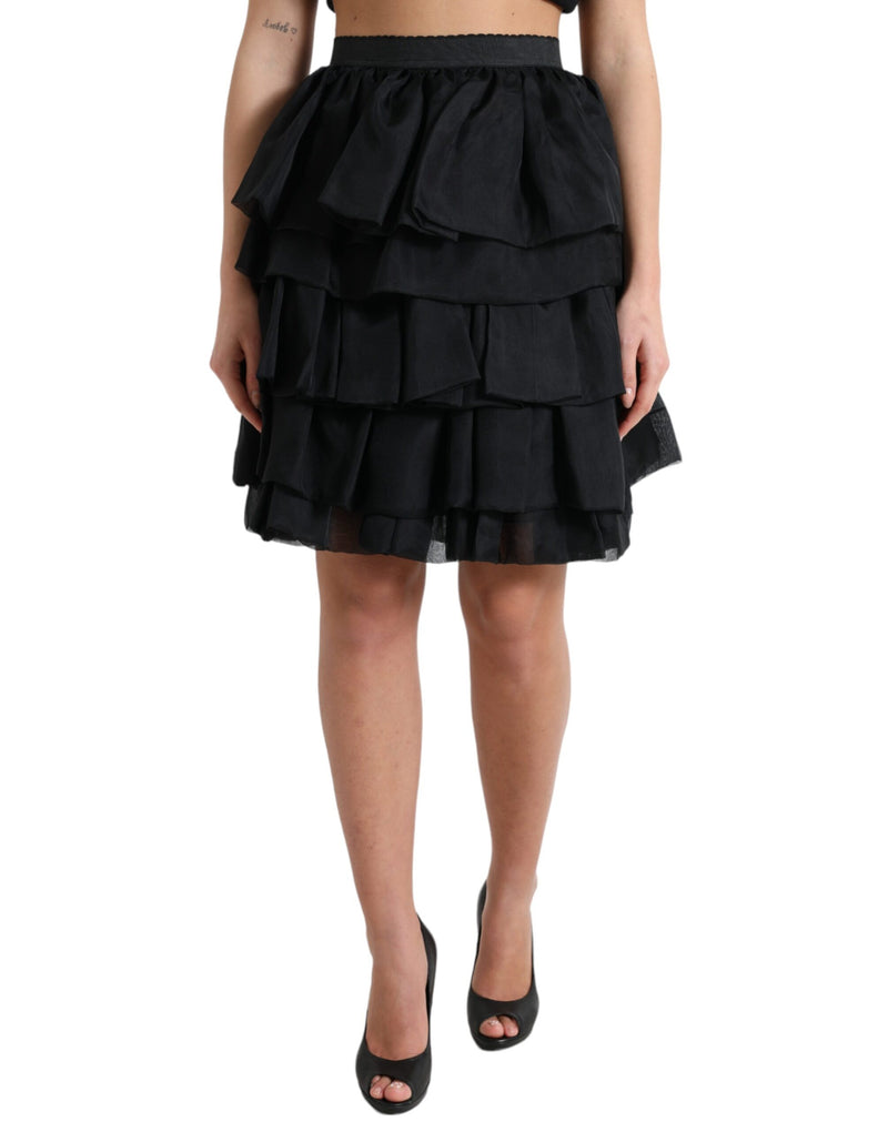 Dolce & Gabbana Black Tiered A-Line High Waist Silk Mini Skirt