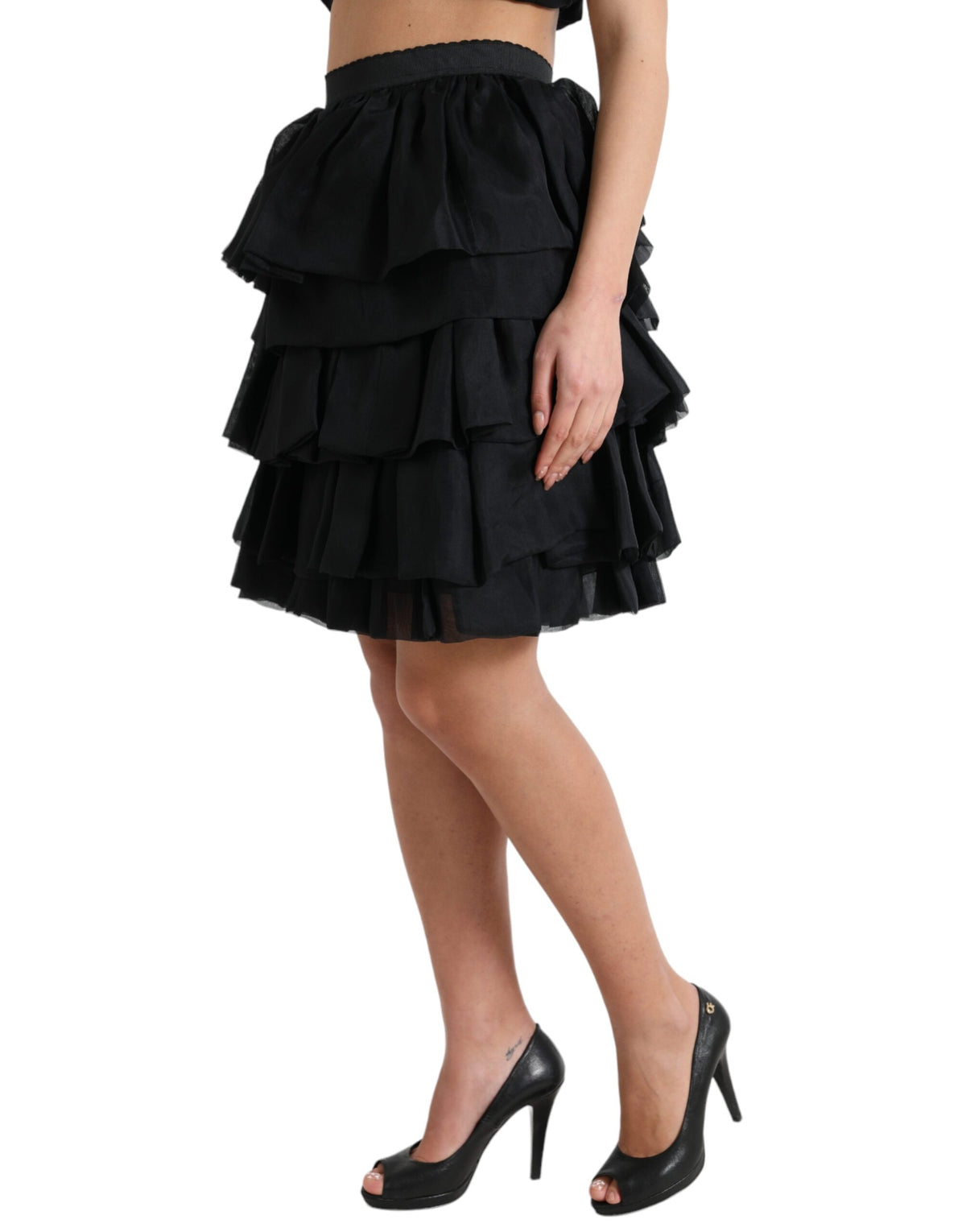 Dolce & Gabbana Black Tiered A-Line High Waist Silk Mini Skirt
