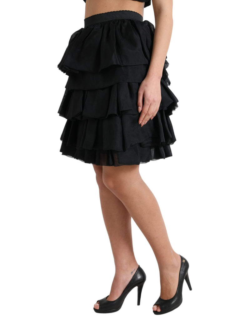 Dolce & Gabbana Black Tiered A-Line High Waist Silk Mini Skirt