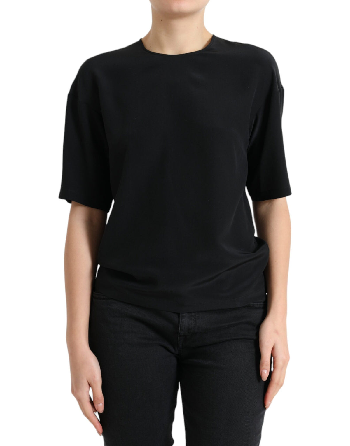 Dolce & Gabbana Blouse en Soie Noire à Col Rond et Manches Courtes