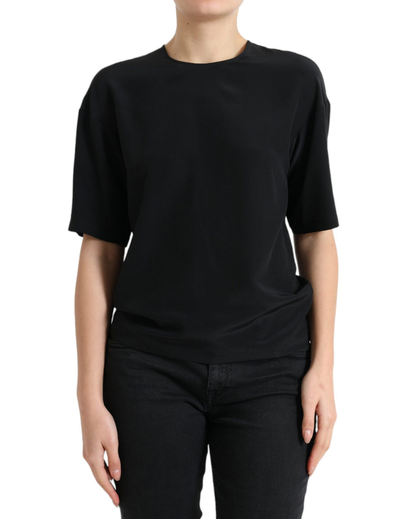 Dolce & Gabbana Blouse en Soie Noire à Col Rond et Manches Courtes