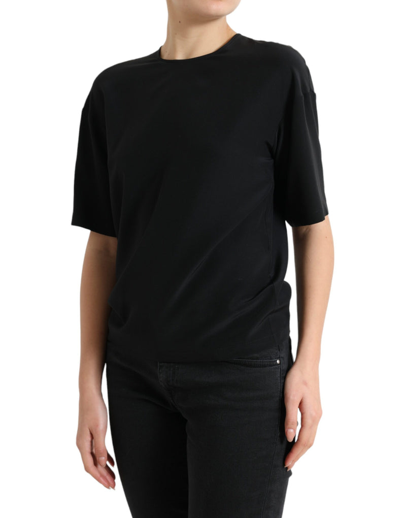 Dolce & Gabbana Blouse en Soie Noire à Col Rond et Manches Courtes