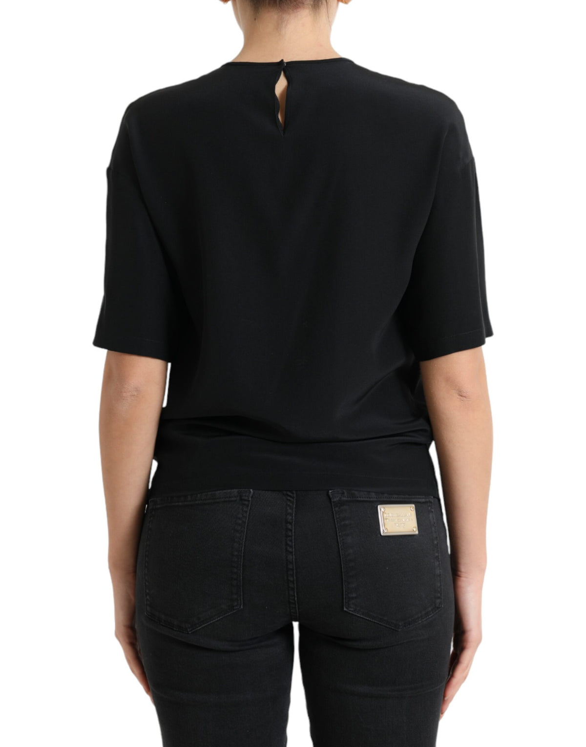 Dolce & Gabbana Blouse en Soie Noire à Col Rond et Manches Courtes