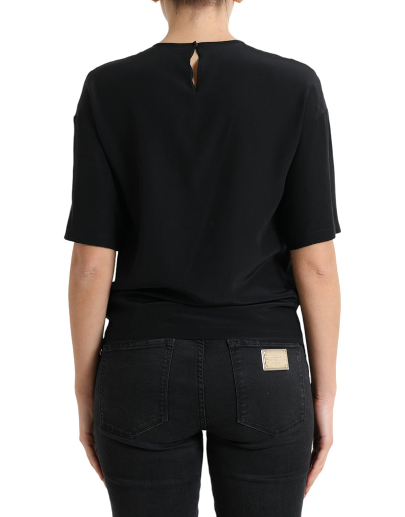 Dolce & Gabbana Blouse en Soie Noire à Col Rond et Manches Courtes