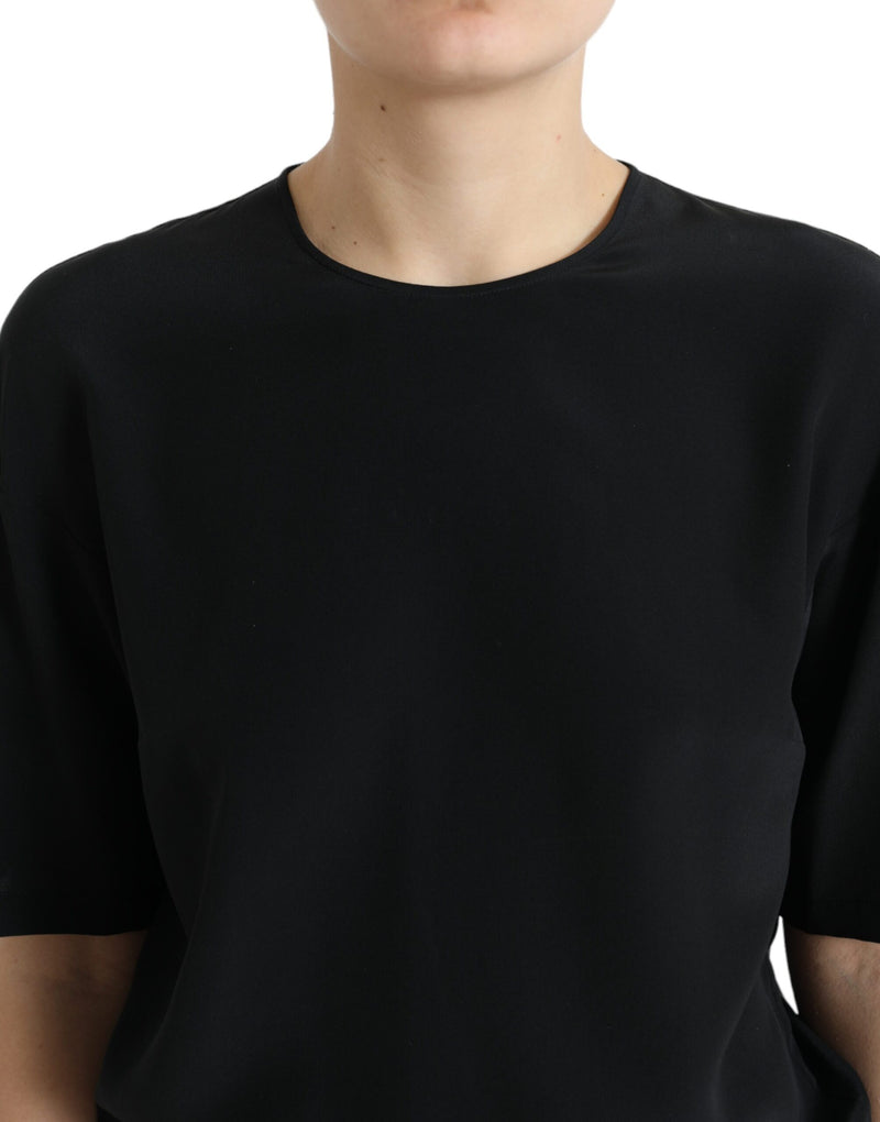 Dolce & Gabbana Blouse en Soie Noire à Col Rond et Manches Courtes